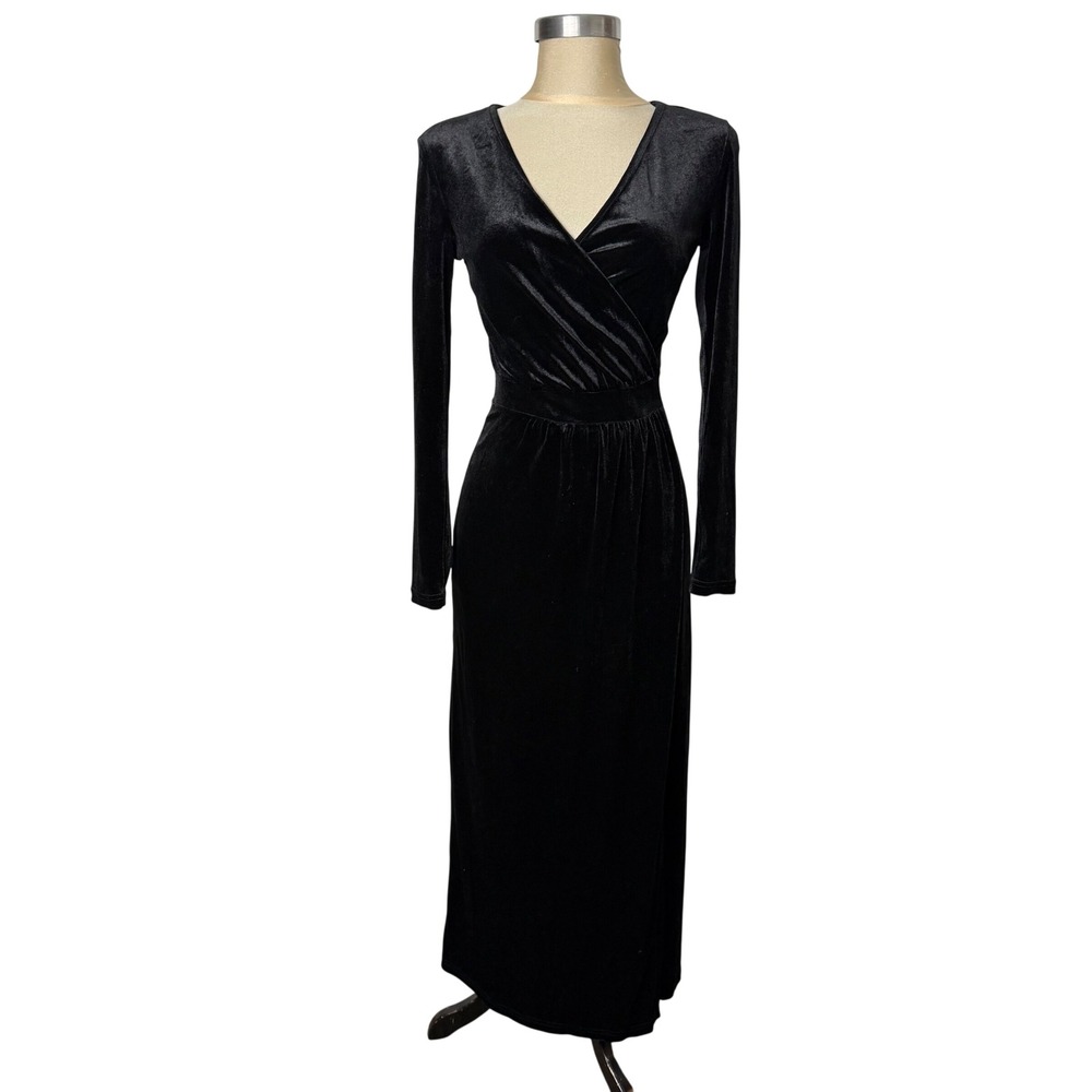 Torary Black Velvet Faux Wrap Maxi Dress Small Long Sleeve V-Neck Formal